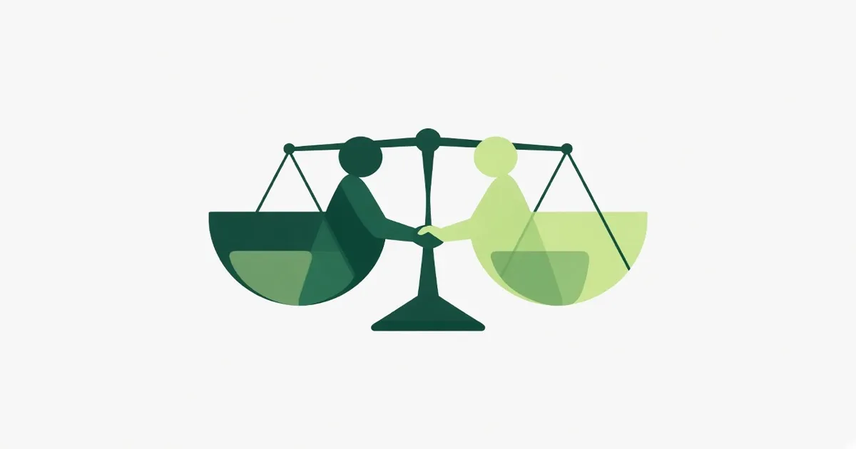 Two equal partners shaking hands over a balanced partnership diagram