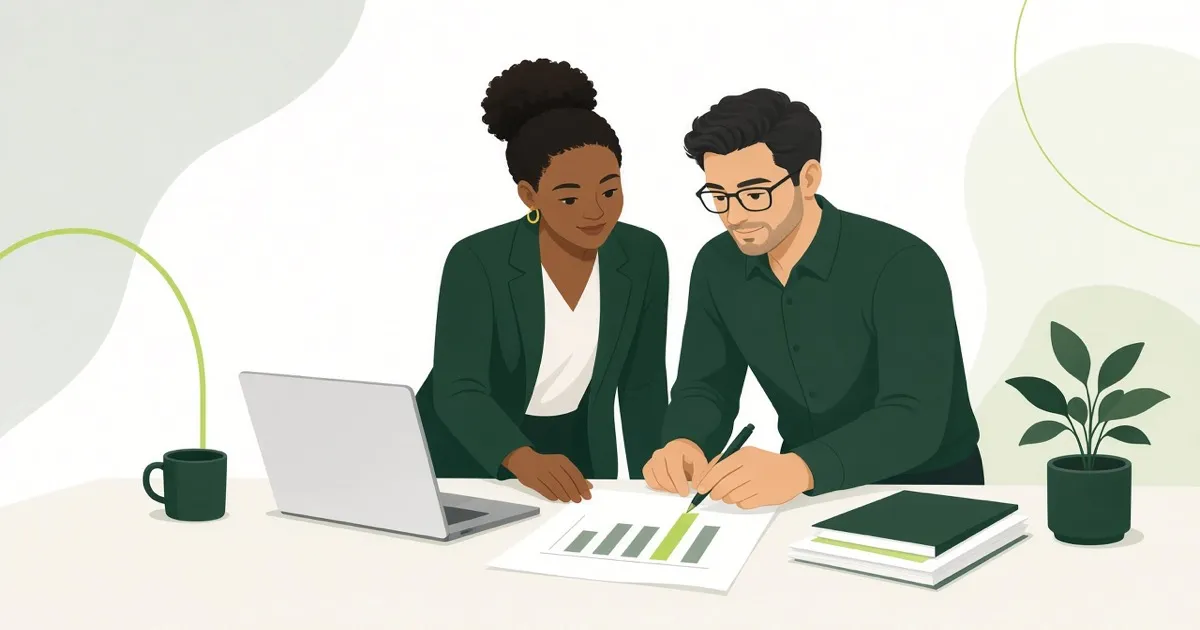 Two business partners reviewing shared expense records on a laptop