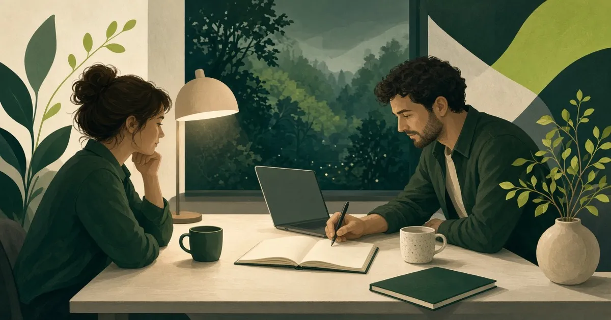 Two partners planning a side hustle after work with laptops and notebooks