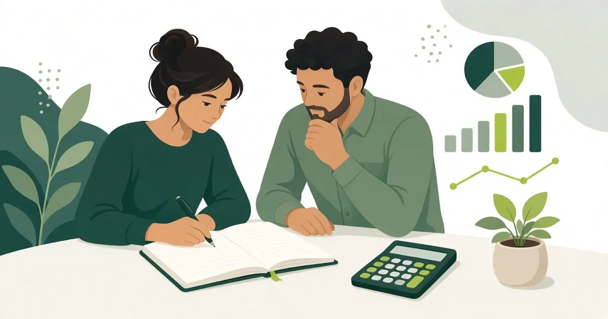 Business partners reviewing a monthly budget spreadsheet together