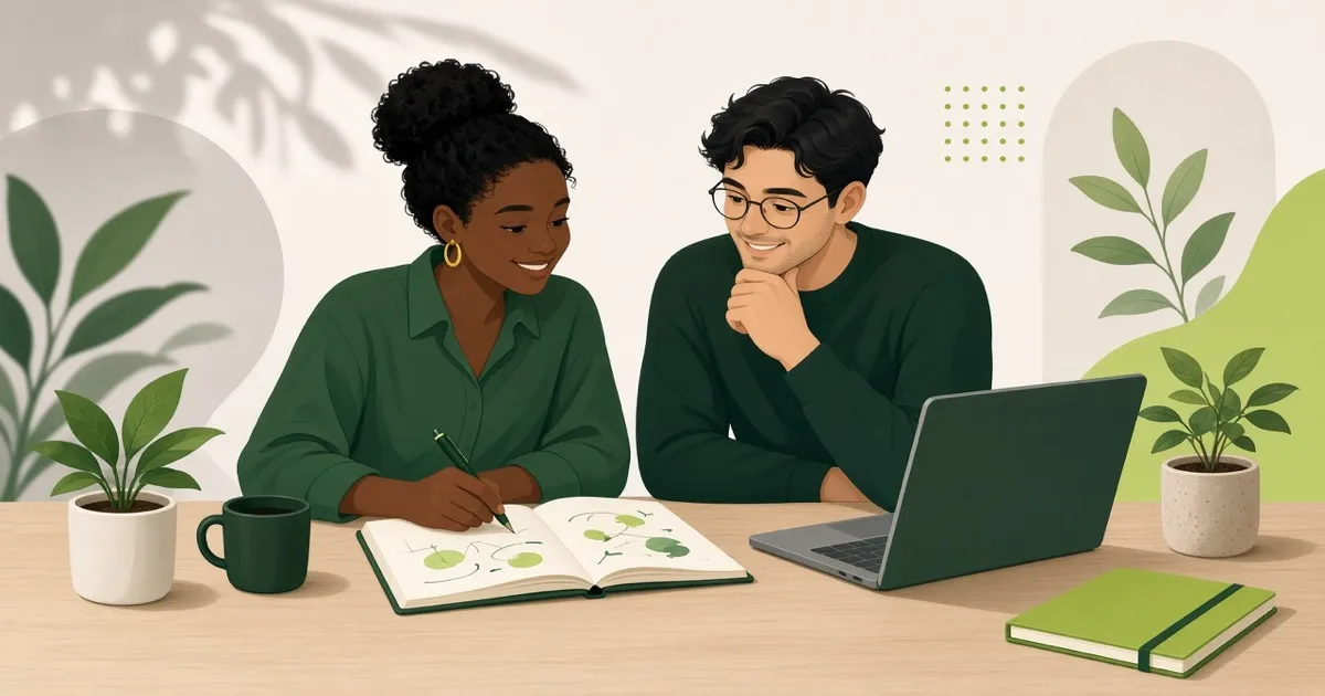 Two friends planning a small business together at a table with a laptop and notebook